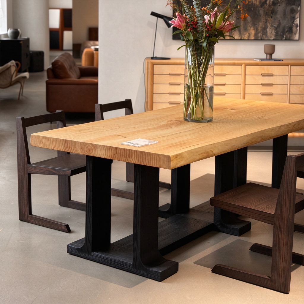 Large distressed pine wood dining table styled with chairs in bright dining room