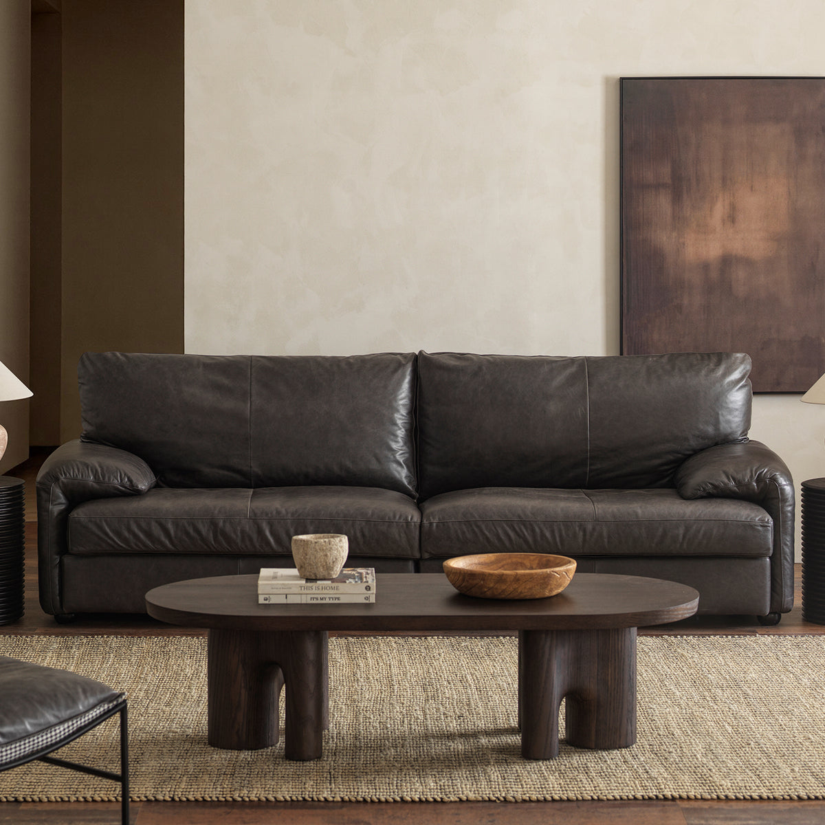 Low-Profile Sofa with Padded Arms — Charcoal Black