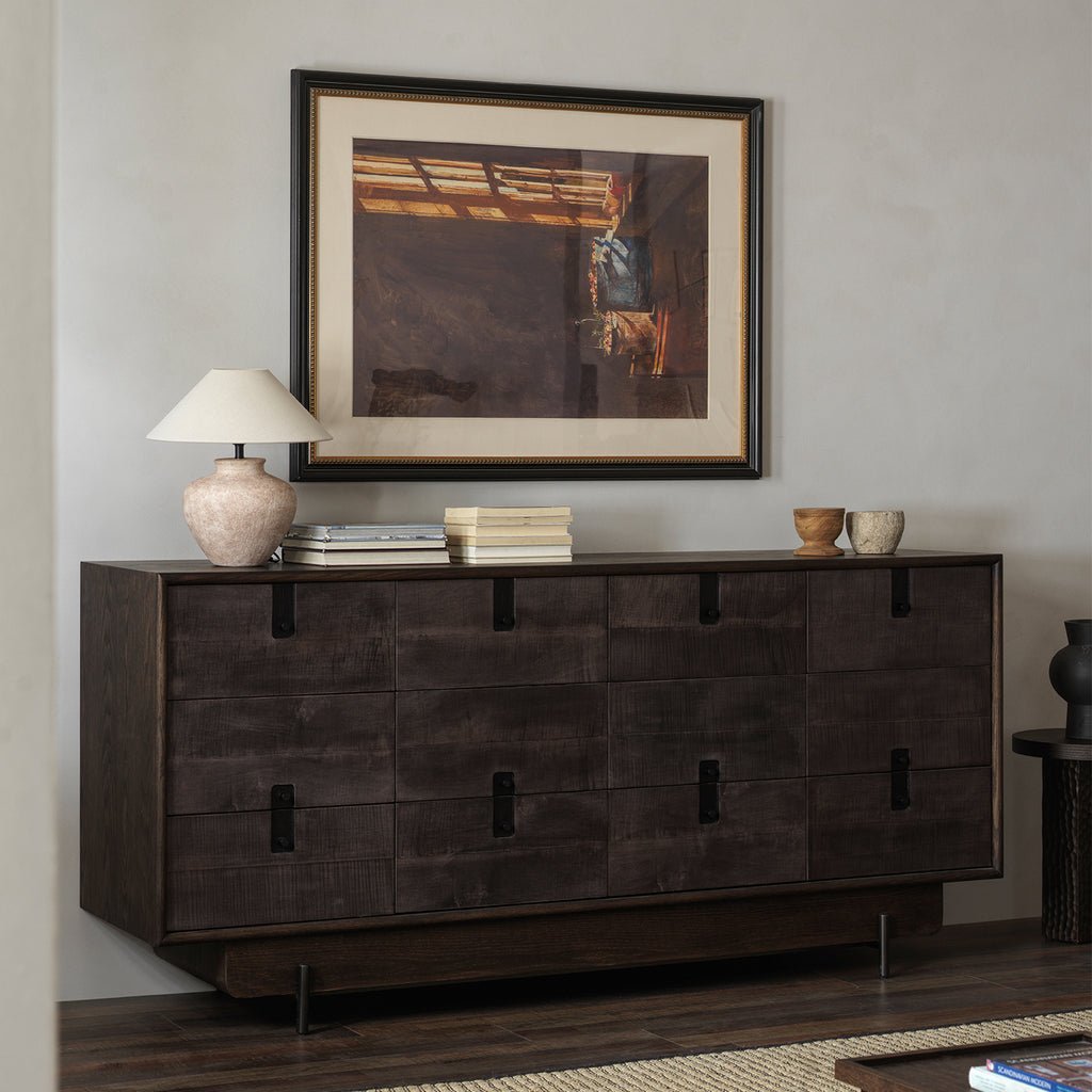 Shadow maple veneer sideboard with metal base
