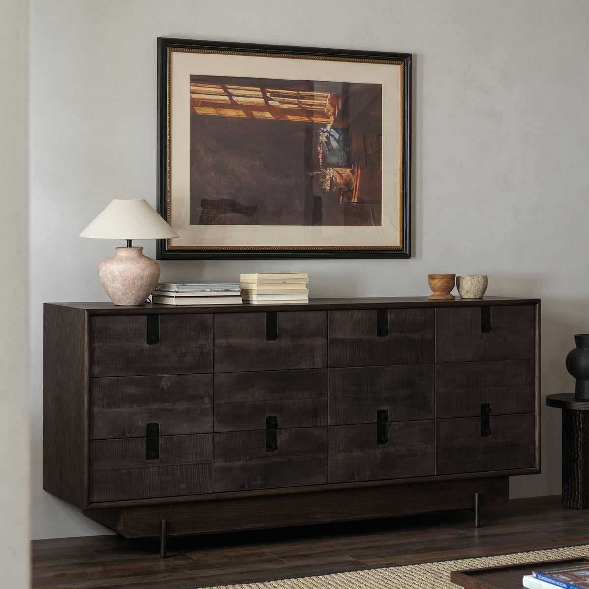 Shadow maple veneer sideboard with metal base