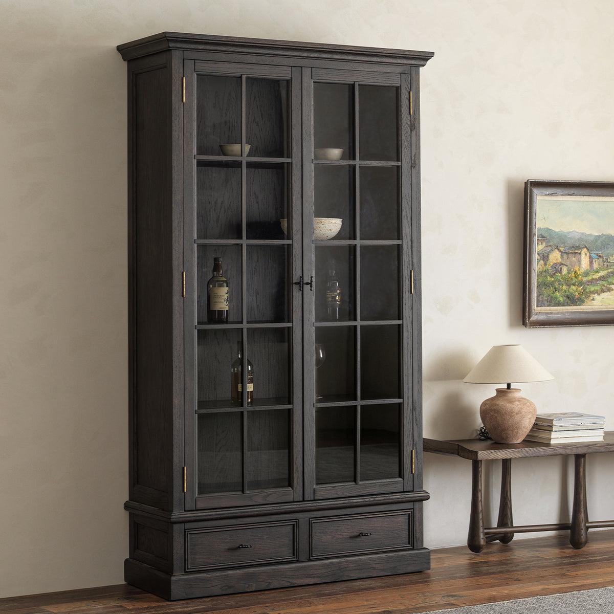 Suge Vintage Glass-Door Cabinet | Solid Red Oak Frame | Kaiwuli