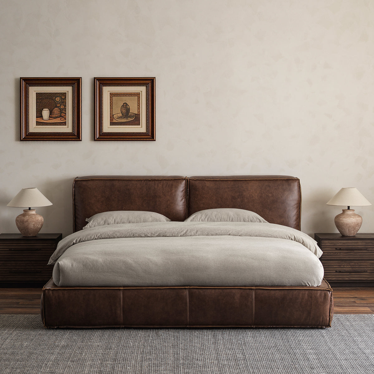 Dark brown leather upholstered bed in bedroom