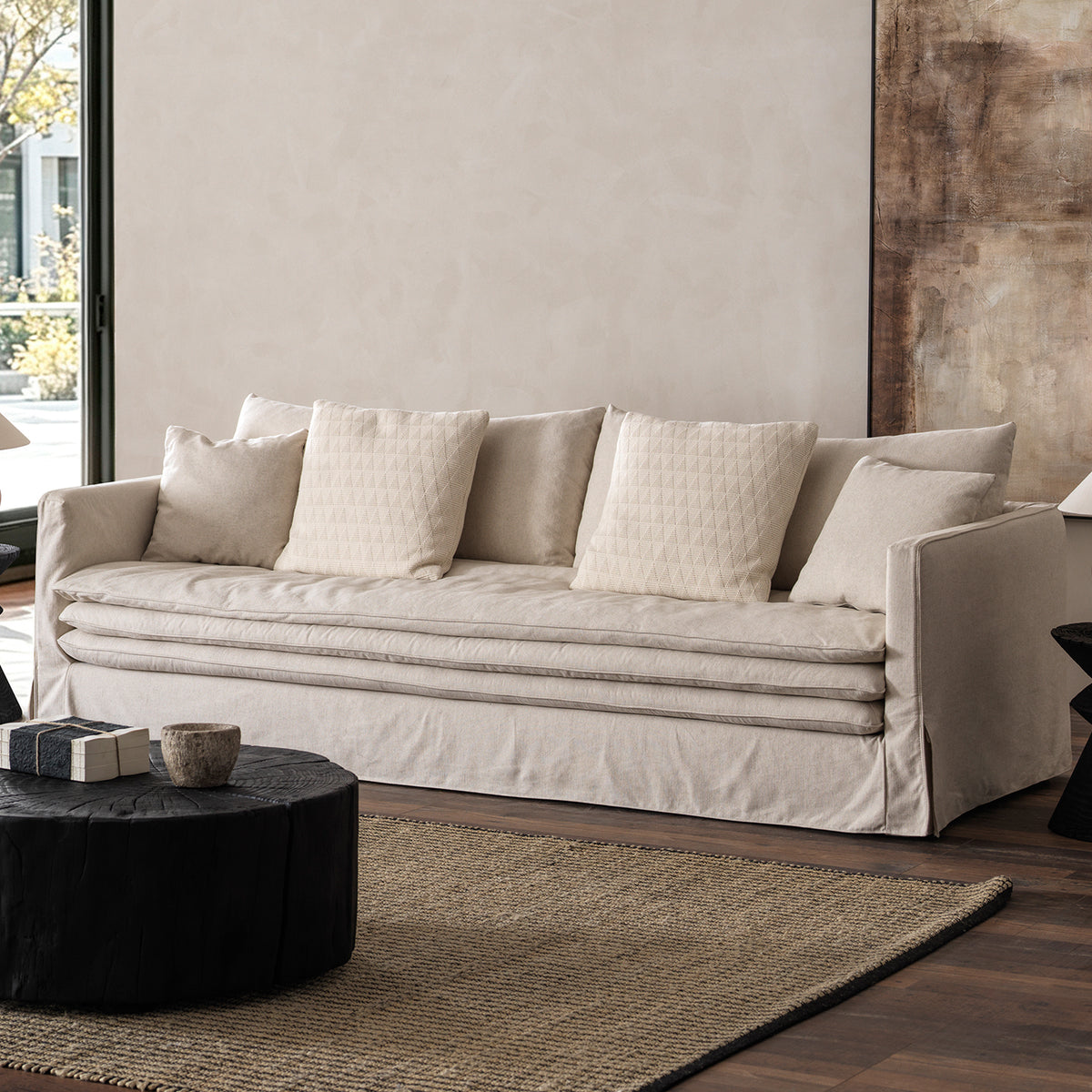 Cotton-Linen Sofa with Fully Removable Washable Covers & Down-Filled Seat Cushions