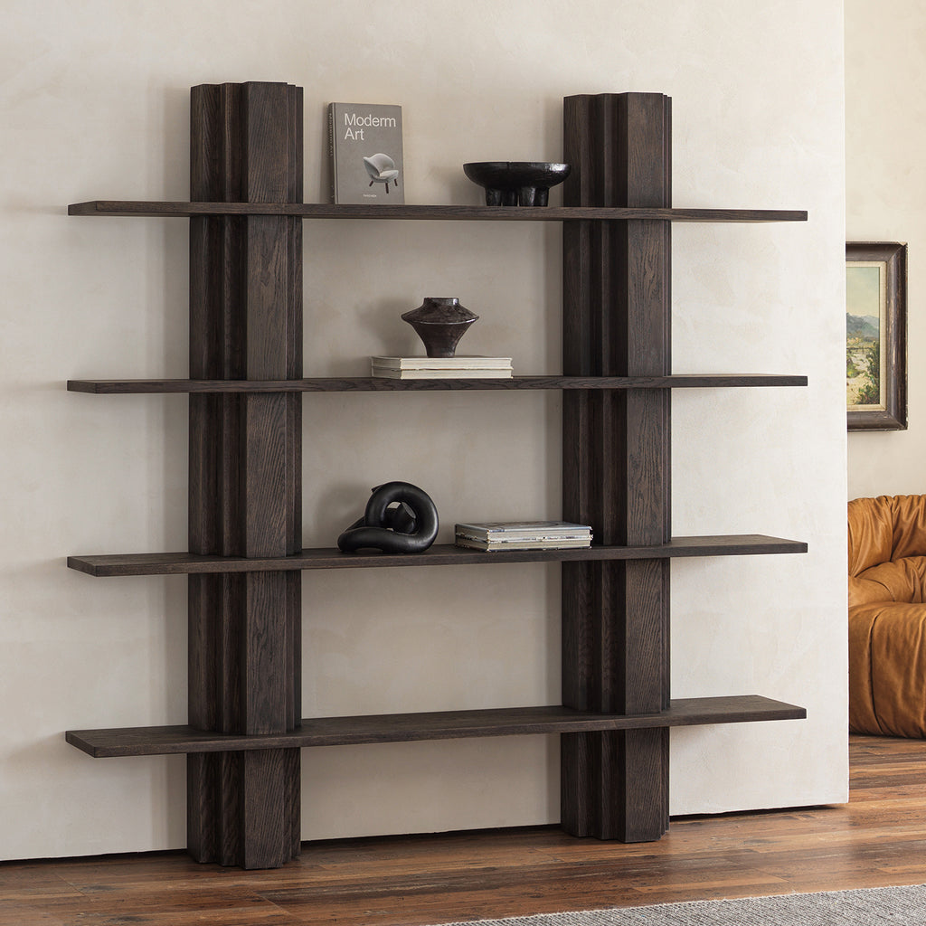 Distressed Red Oak Veneer 4-Tier Open Bookcase with Twin Pillar Supports