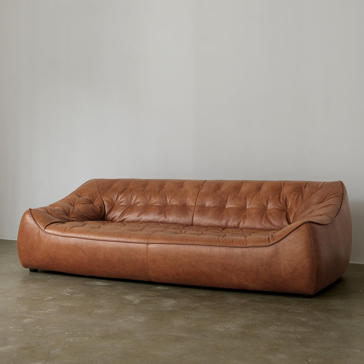 Low-Profile Sofa with Deep-Tufted Back — Cognac Brown