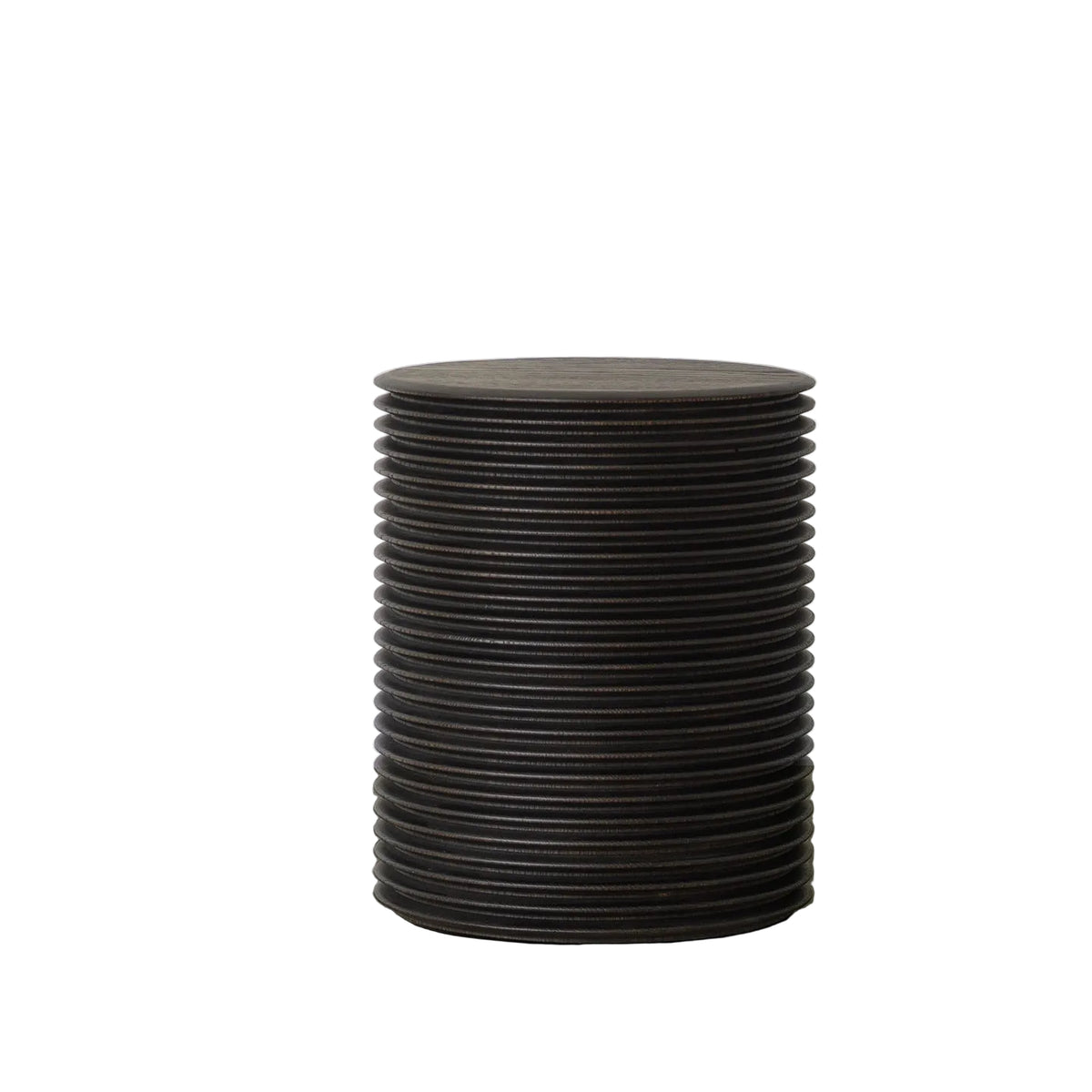 Sculptural Ribbed Round Side Table, Dark Vintage Finish, Ø15″ × H17.7″