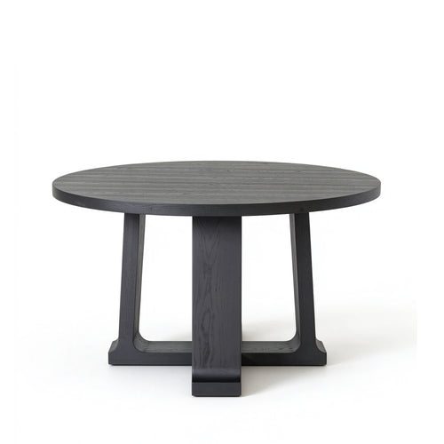 Front view of black solid wood dining table with solid timber legs