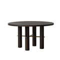 Distressed Wood Round Dining Table with Cylindrical Legs and Brass Cross Stretcher