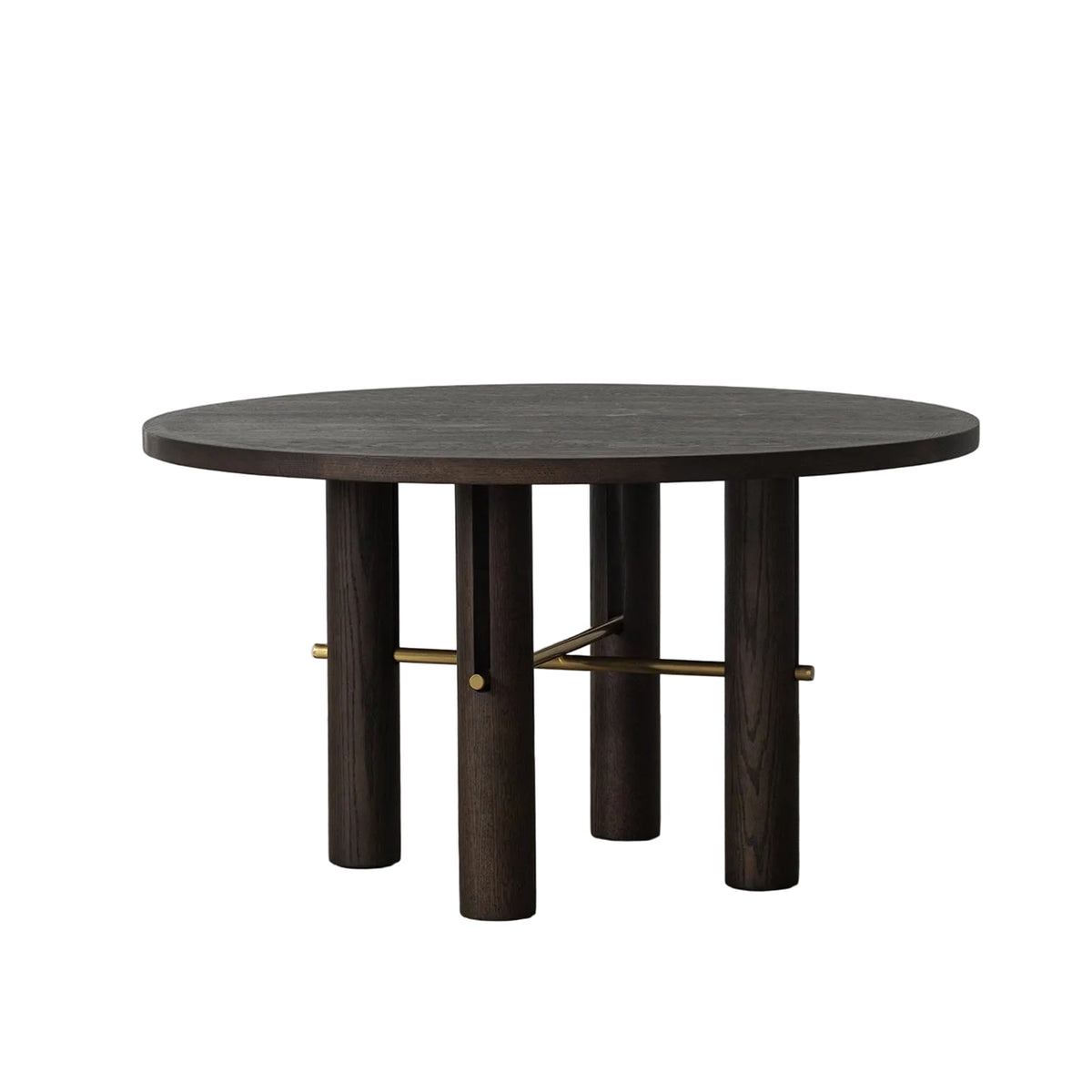 Distressed Wood Round Dining Table with Cylindrical Legs and Brass Cross Stretcher