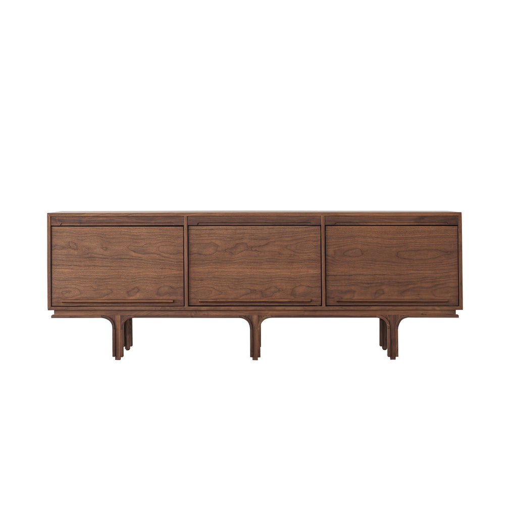 Black walnut sideboard front view with three door fronts and sculpted wood legs