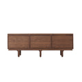 Black walnut sideboard front view with three door fronts and sculpted wood legs