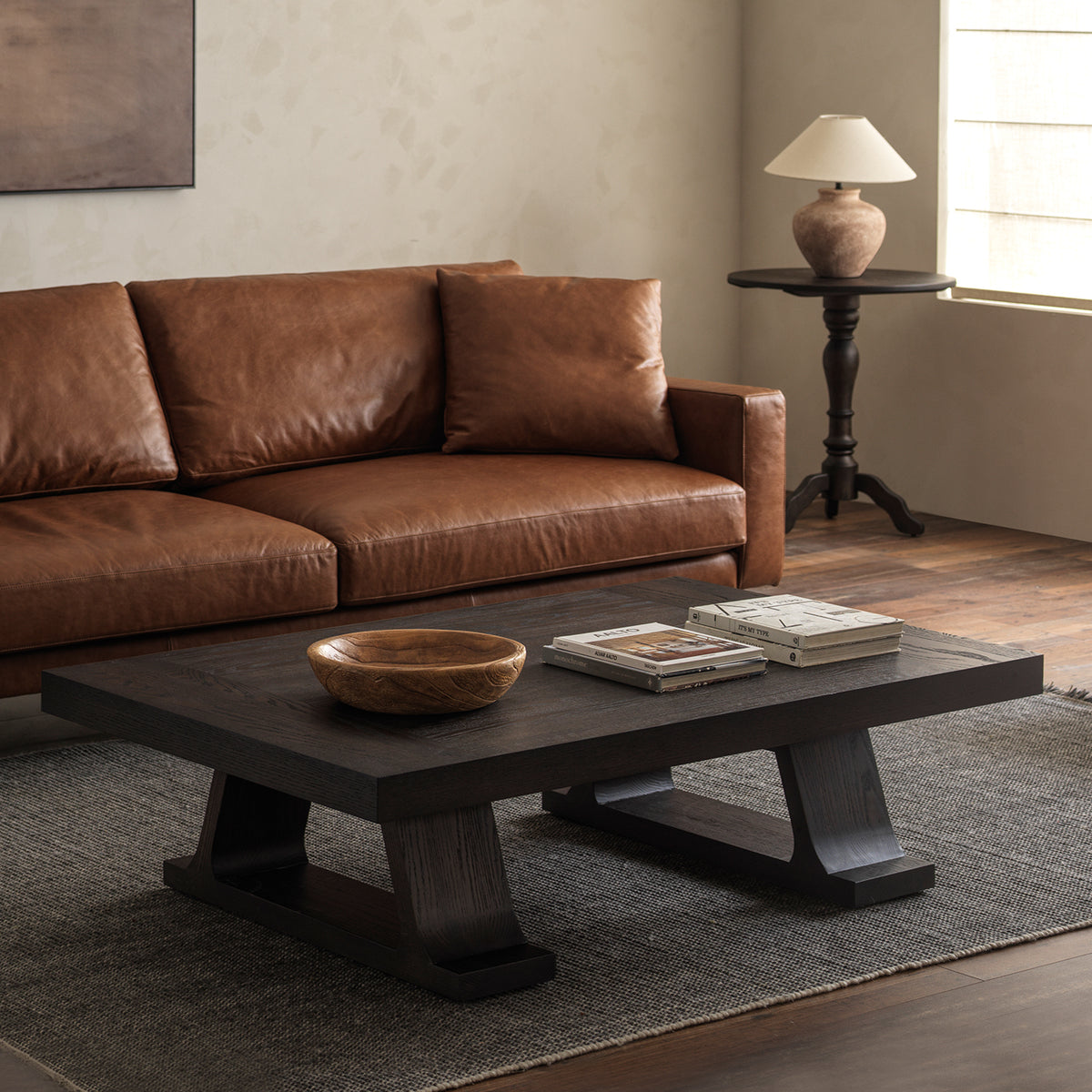 Vintage Dark Wood Coffee Table with Sculptural Trestle Base, 53.1″ × 35.4″