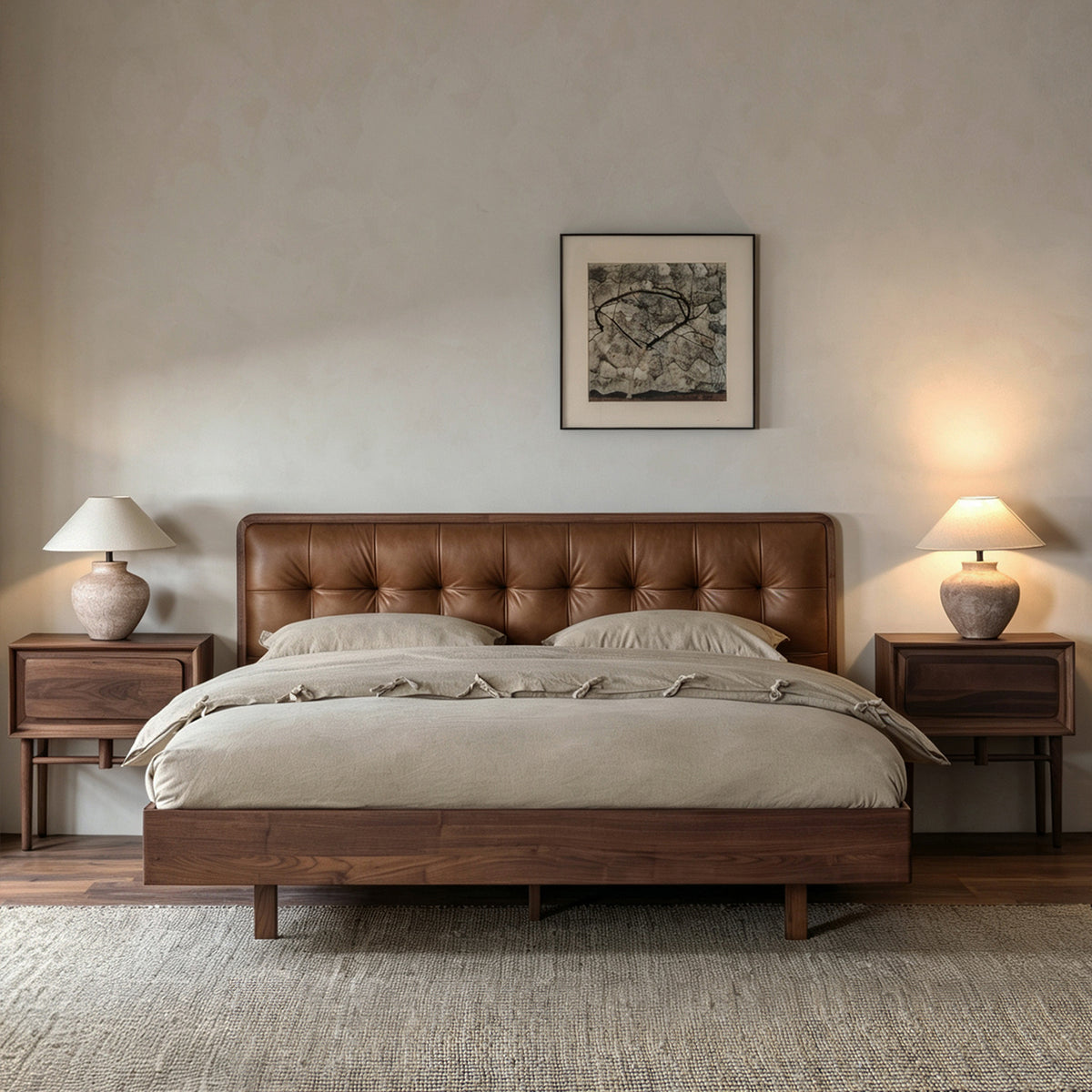 Youye walnut bed with tufted leather headboard in bedroom