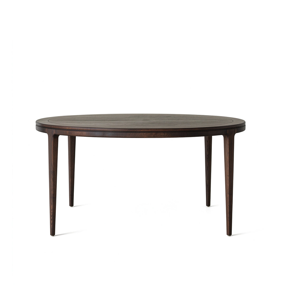 Front view of vintage distressed wood round dining table with solid timber legs