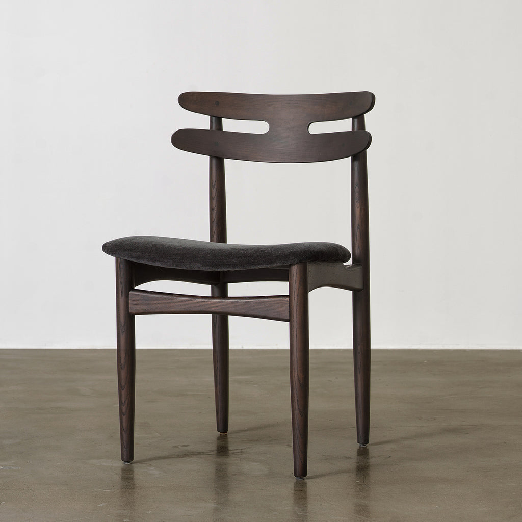 Vintage Ash Wood Dining Chair with Upholstered Fabric Seat and Curved Double-Slat Backrest