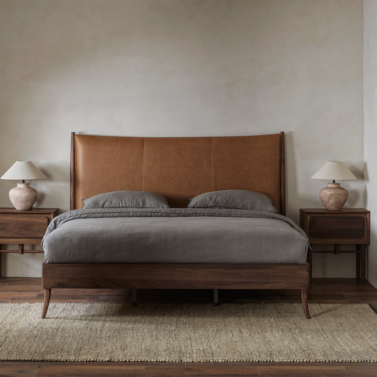 Yunqi black walnut platform bed with leather headboard
