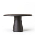 Front view of vintage distressed round solid wood dining table with central pedestal base on white background