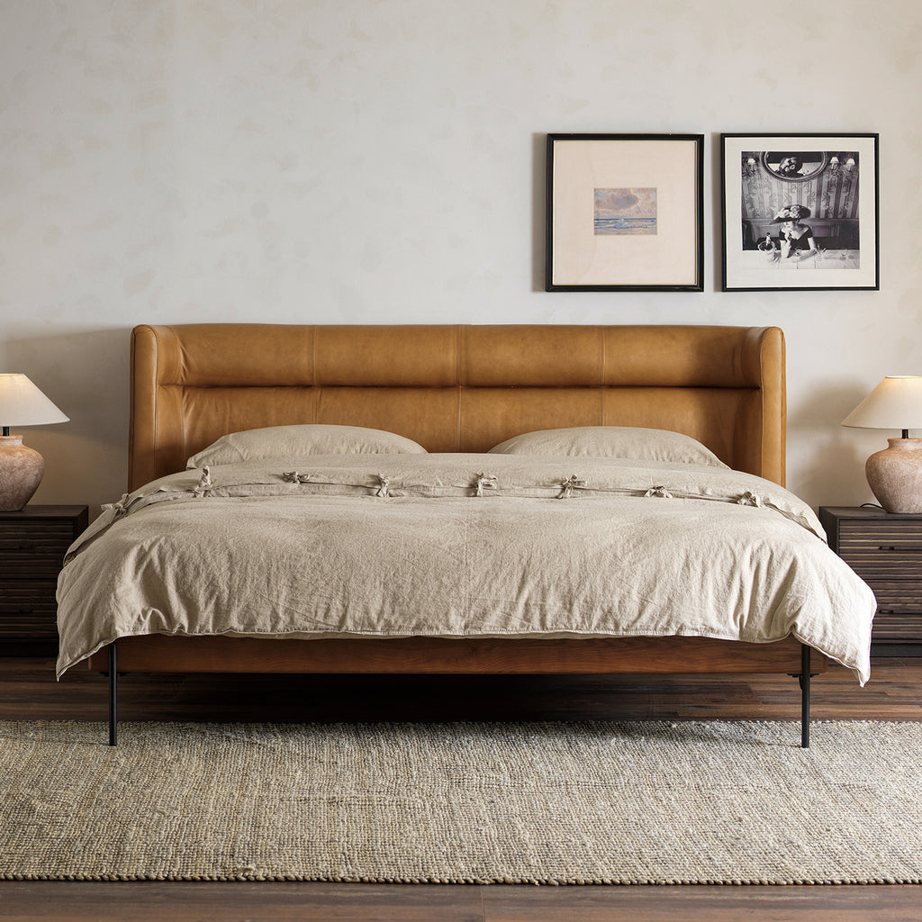 Muxu red oak bed with leather headboard in bedroom