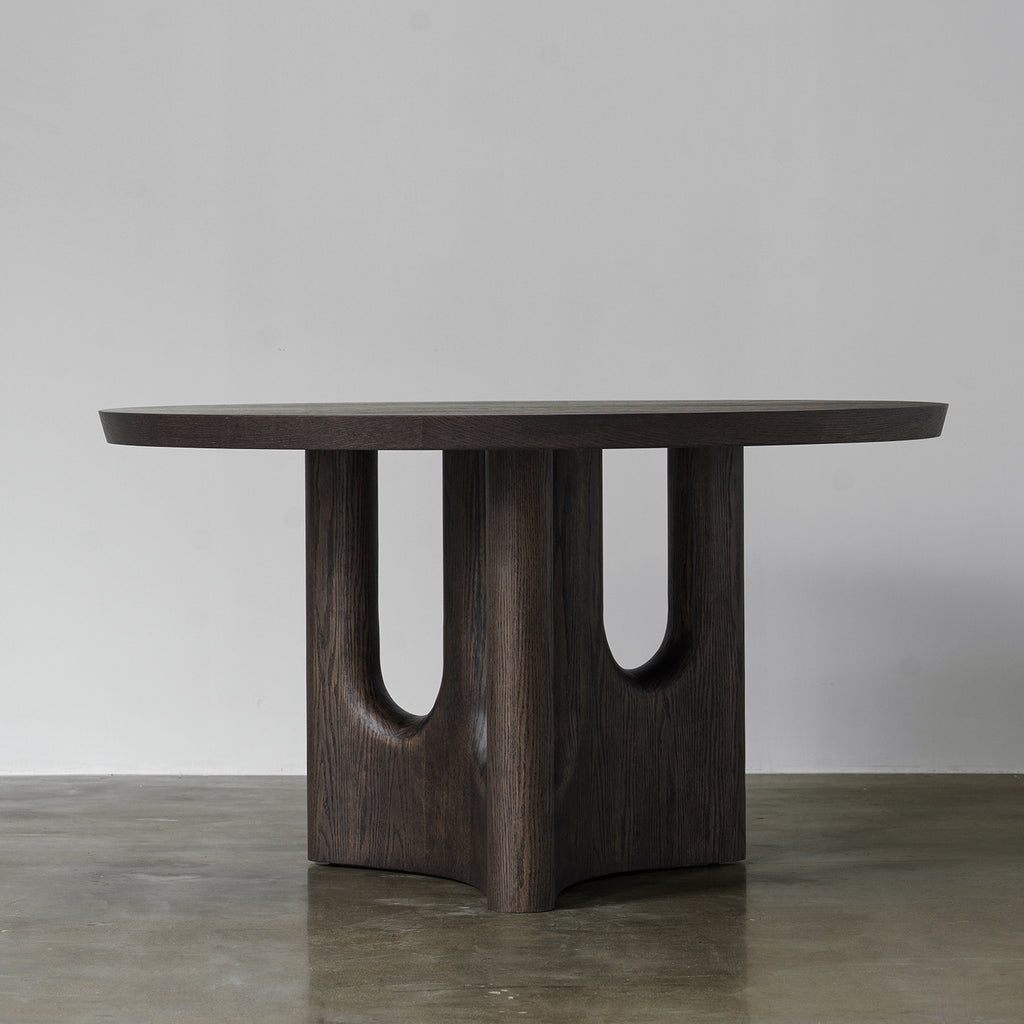 Vintage Distressed Round Dining Table with Sculptural Cutout Pedestal Base