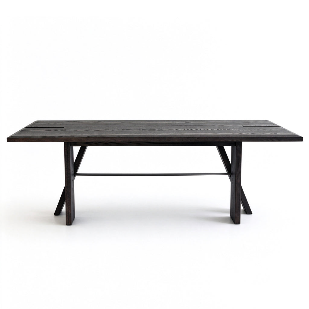  Front view of solid red oak dining table featuring architectural trestle legs and metal tie rod