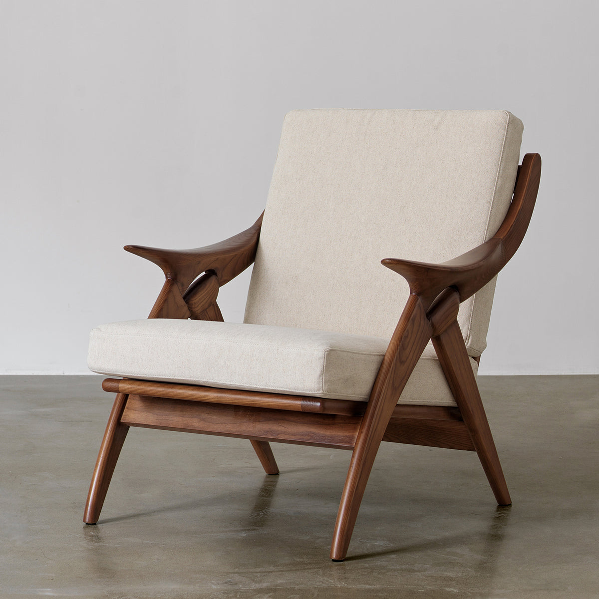 Scissor Lounge Chair with Sculptural Wood-Tone Frame — Cream