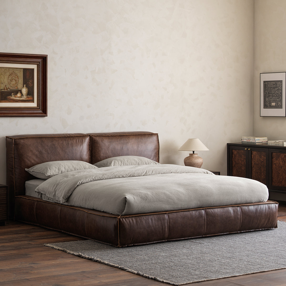 PC920 low-profile leather bed three-quarter view