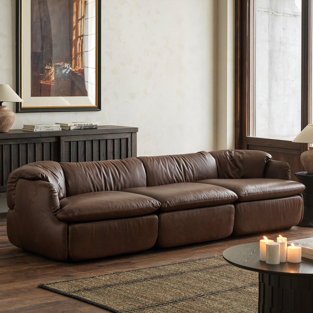 1032 Rounded Sofa with Gathered Back Cushions — Deep Brown