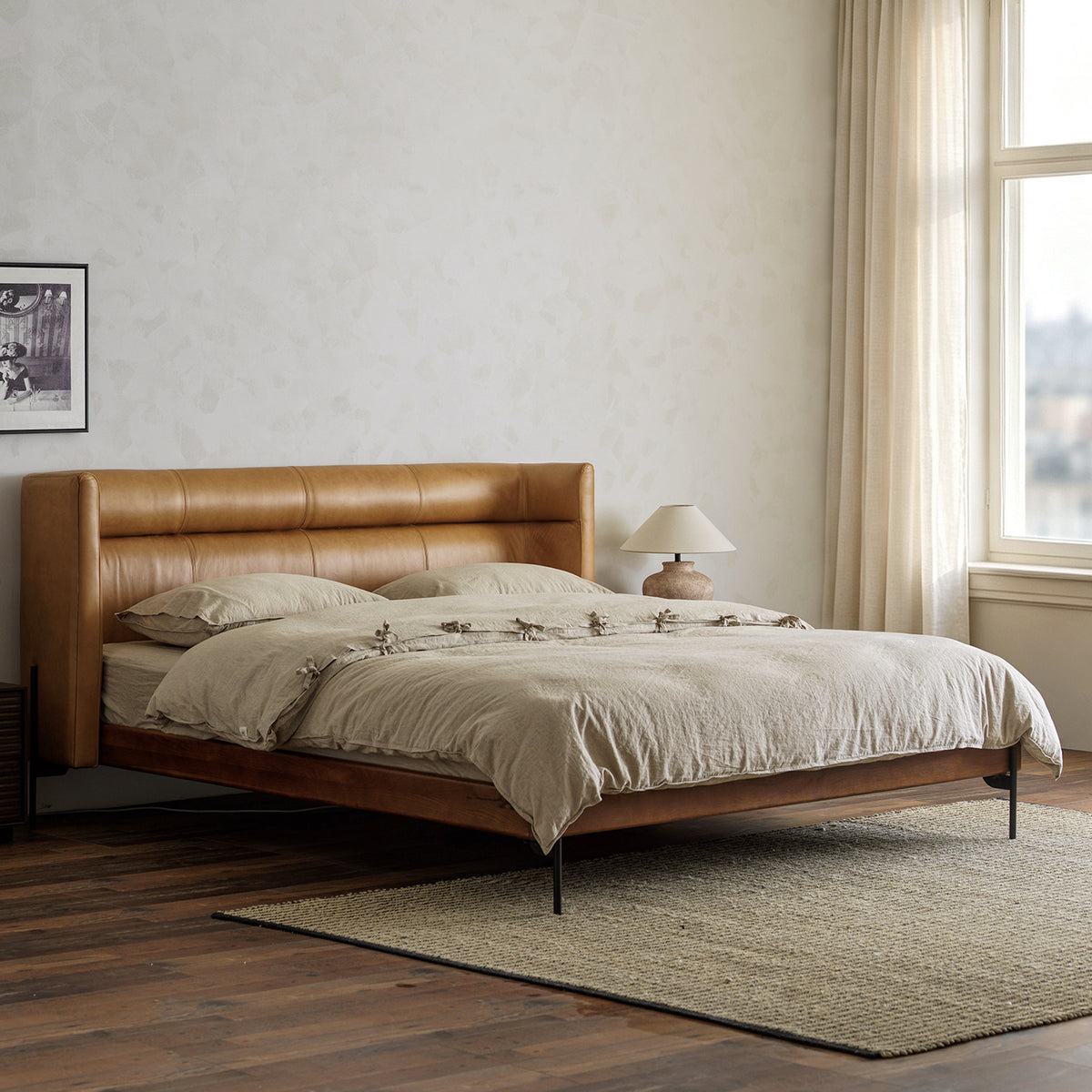 Elevated red oak platform bed three-quarter view