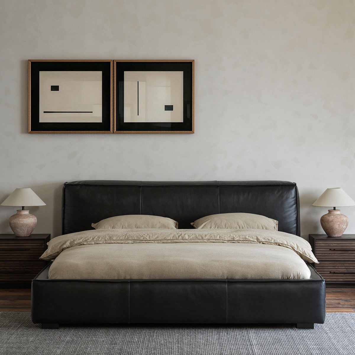 Anran Black Oil-Waxed Leather Low-Profile Bed