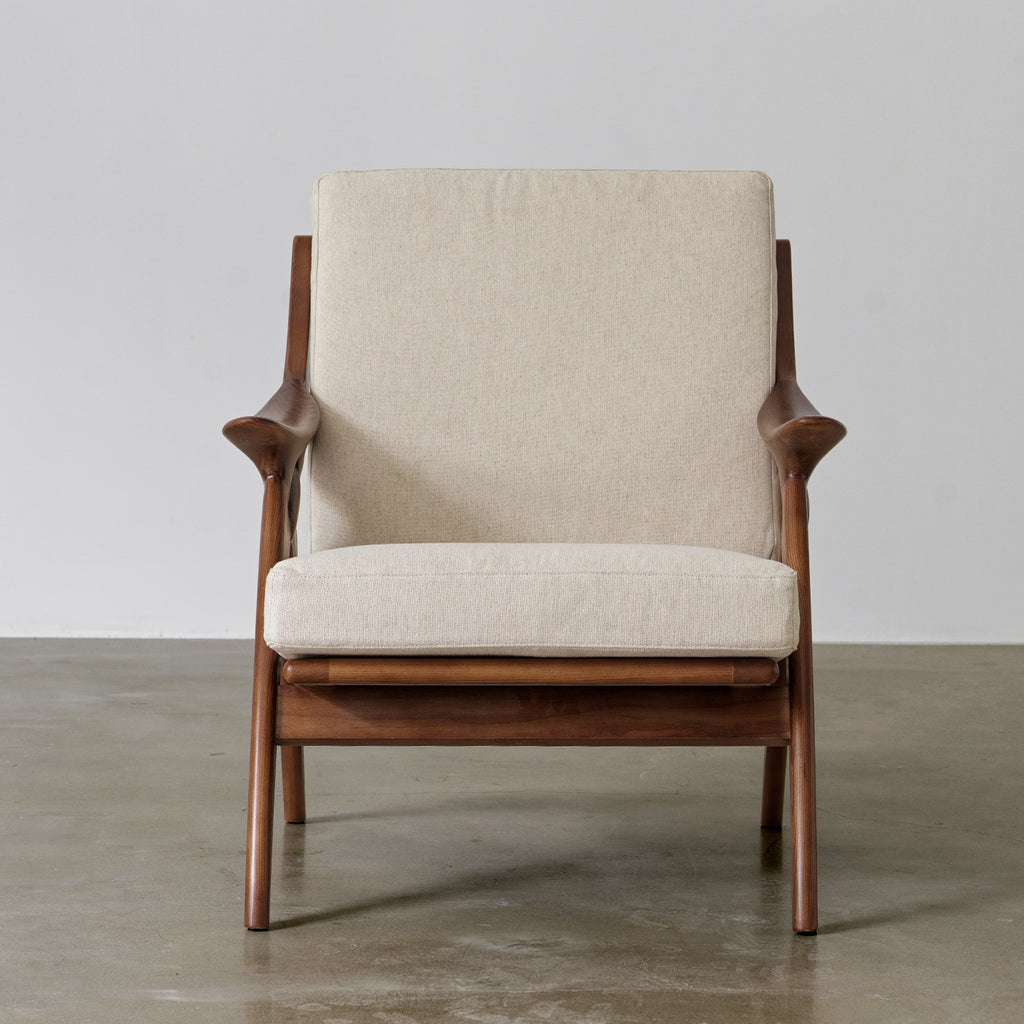 Scissor Lounge Chair with Sculptural Wood-Tone Frame — Cream