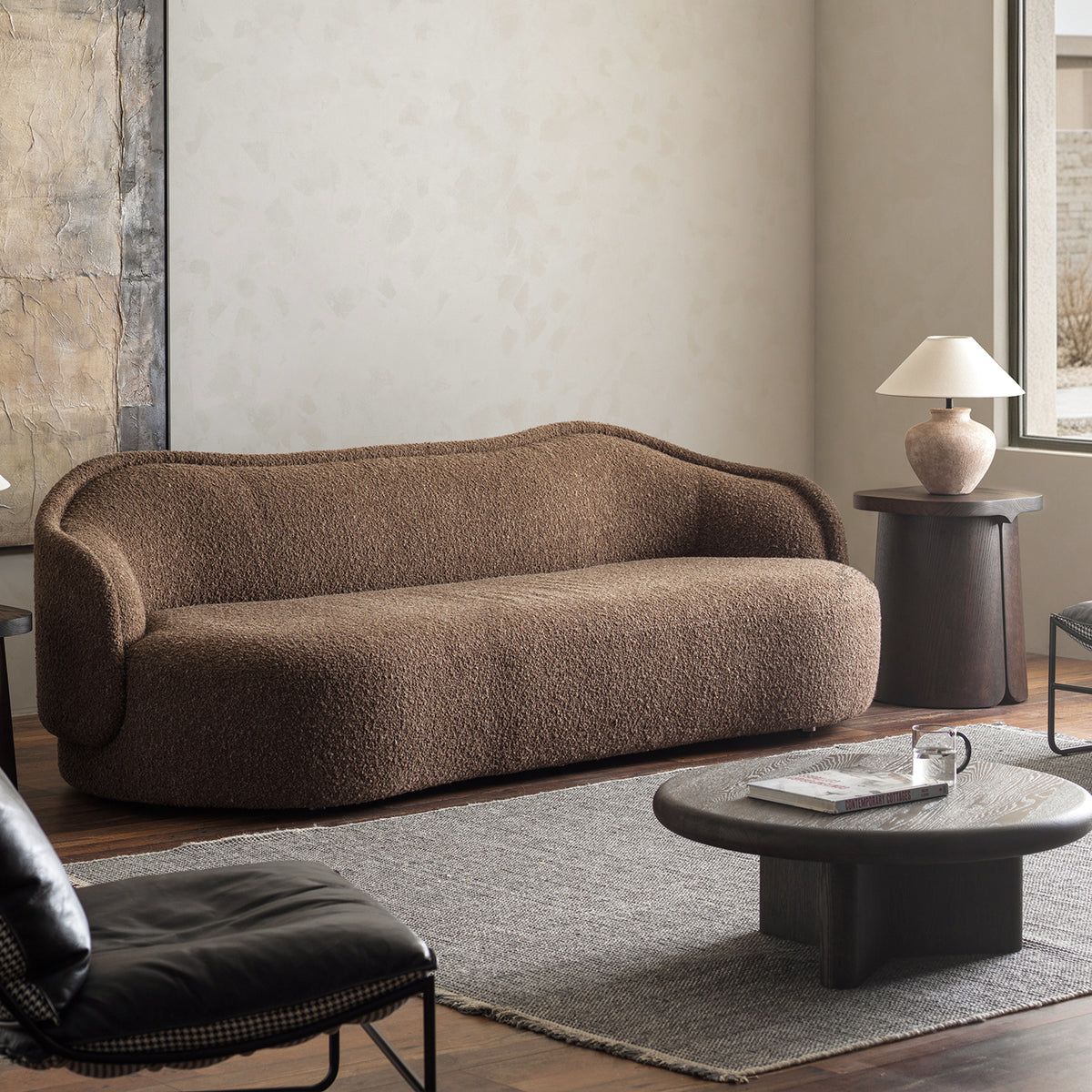 Pia Curved Sofa with Textured Upholstery — Warm Brown