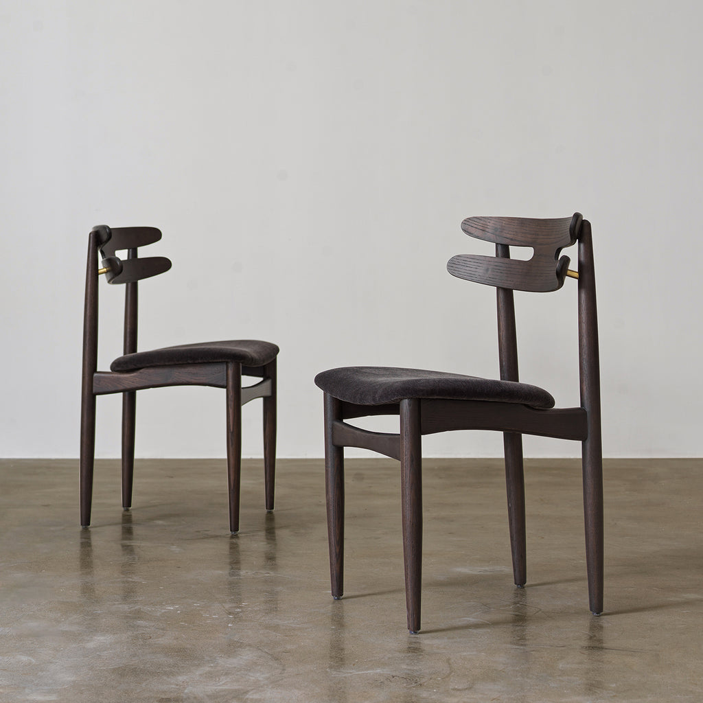 Vintage Ash Wood Dining Chair with Upholstered Fabric Seat and Curved Double-Slat Backrest