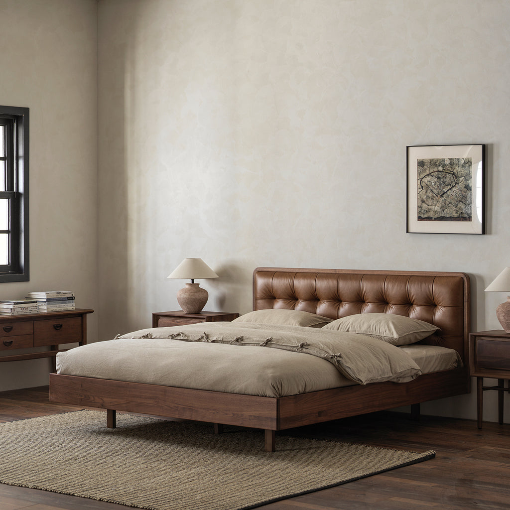 Vintage black walnut platform bed three-quarter view