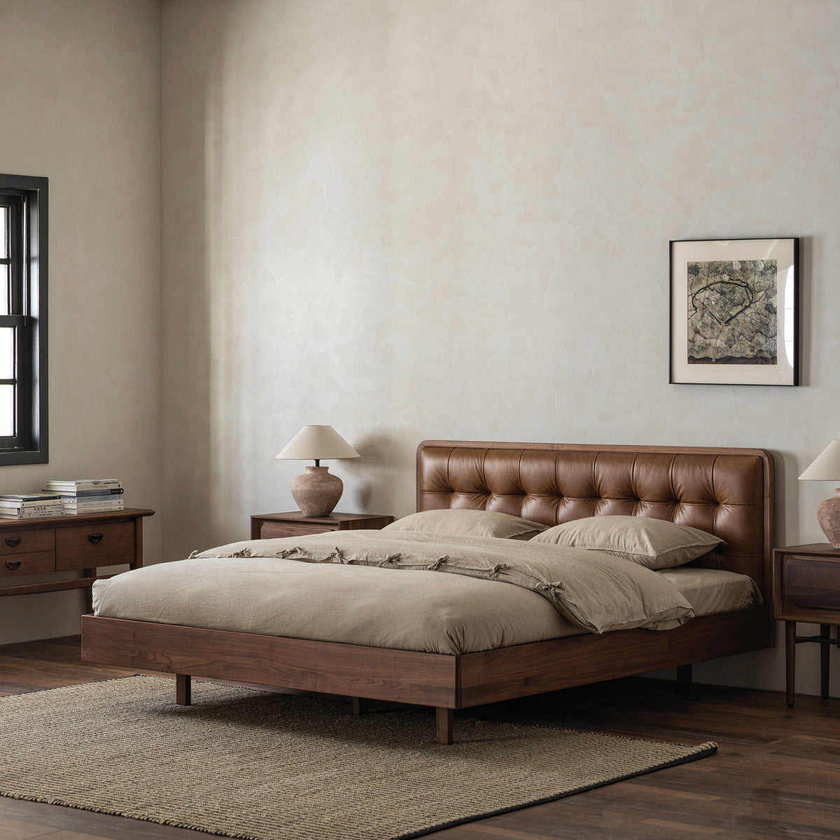 Vintage black walnut platform bed three-quarter view