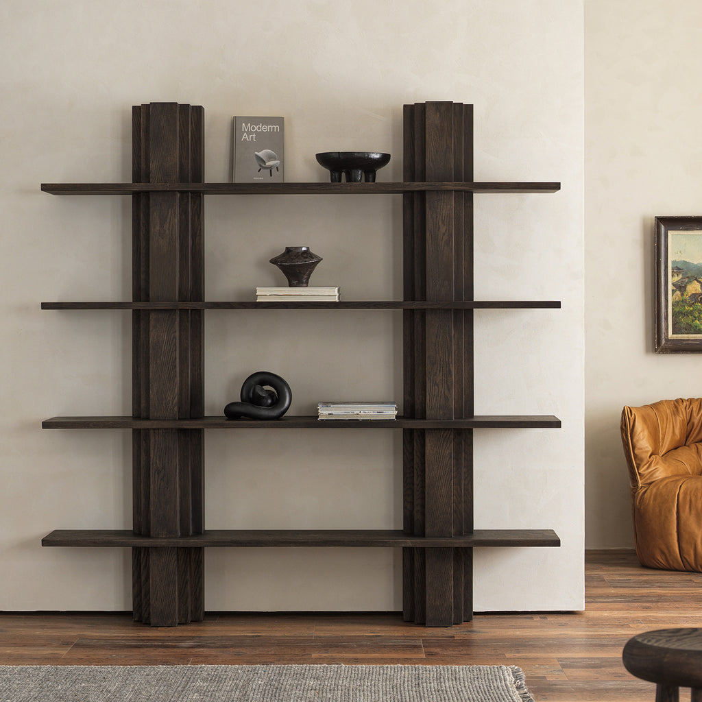 Distressed Red Oak Veneer 4-Tier Open Bookcase with Twin Pillar Supports