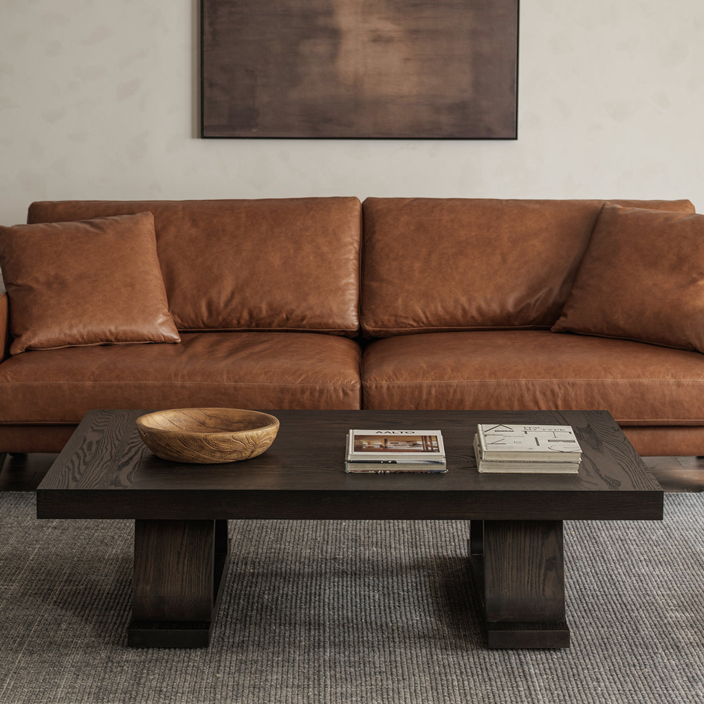 Vintage Dark Wood Coffee Table with Sculptural Trestle Base, 53.1″ × 35.4″
