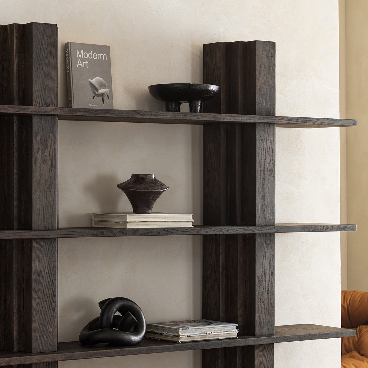 Distressed Red Oak Veneer 4-Tier Open Bookcase with Twin Pillar Supports