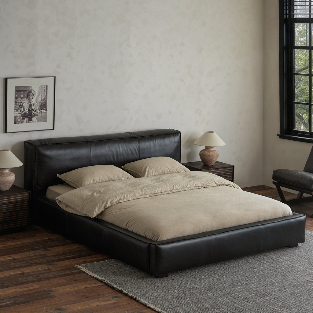 Anran Black Oil-Waxed Leather Low-Profile Bed