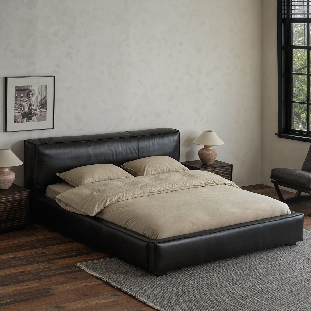 Anran Black Oil-Waxed Leather Low-Profile Bed