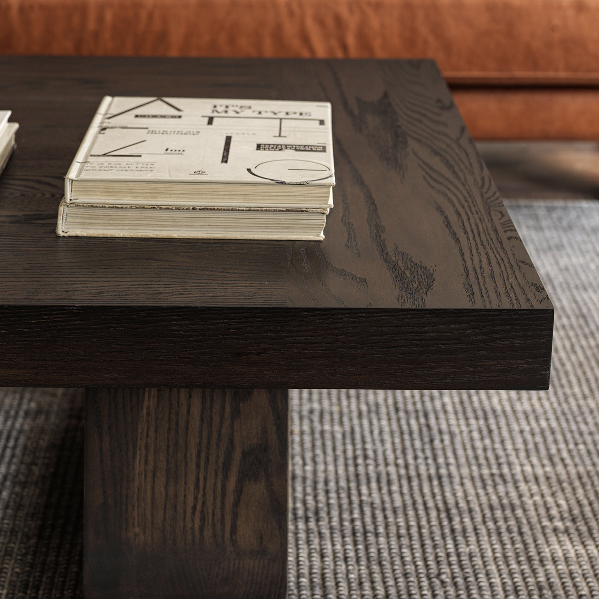 Vintage Dark Wood Coffee Table with Sculptural Trestle Base, 53.1″ × 35.4″
