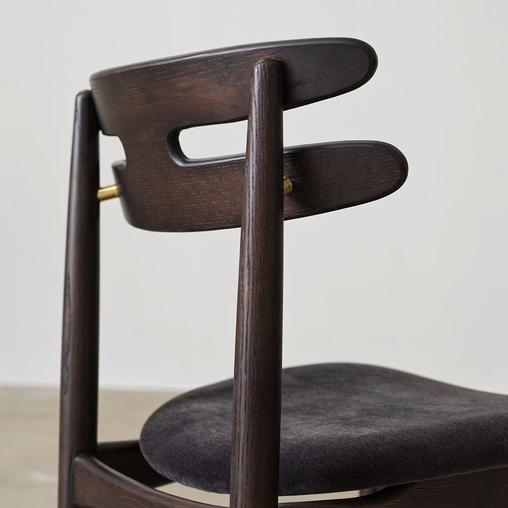 Vintage Ash Wood Dining Chair with Upholstered Fabric Seat and Curved Double-Slat Backrest