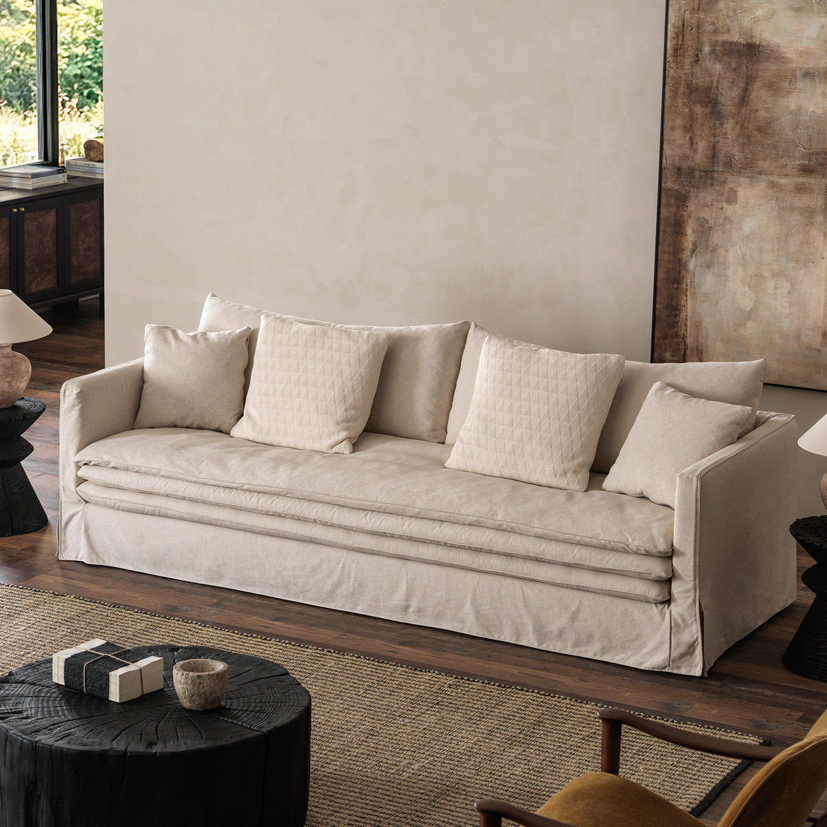 Cotton-Linen Sofa with Fully Removable Washable Covers & Down-Filled Seat Cushions