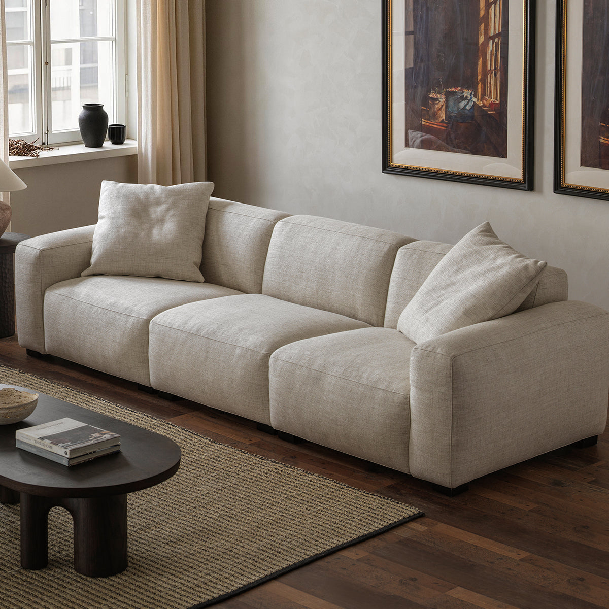 Cotton-linen cream sofa with down and foam cushions