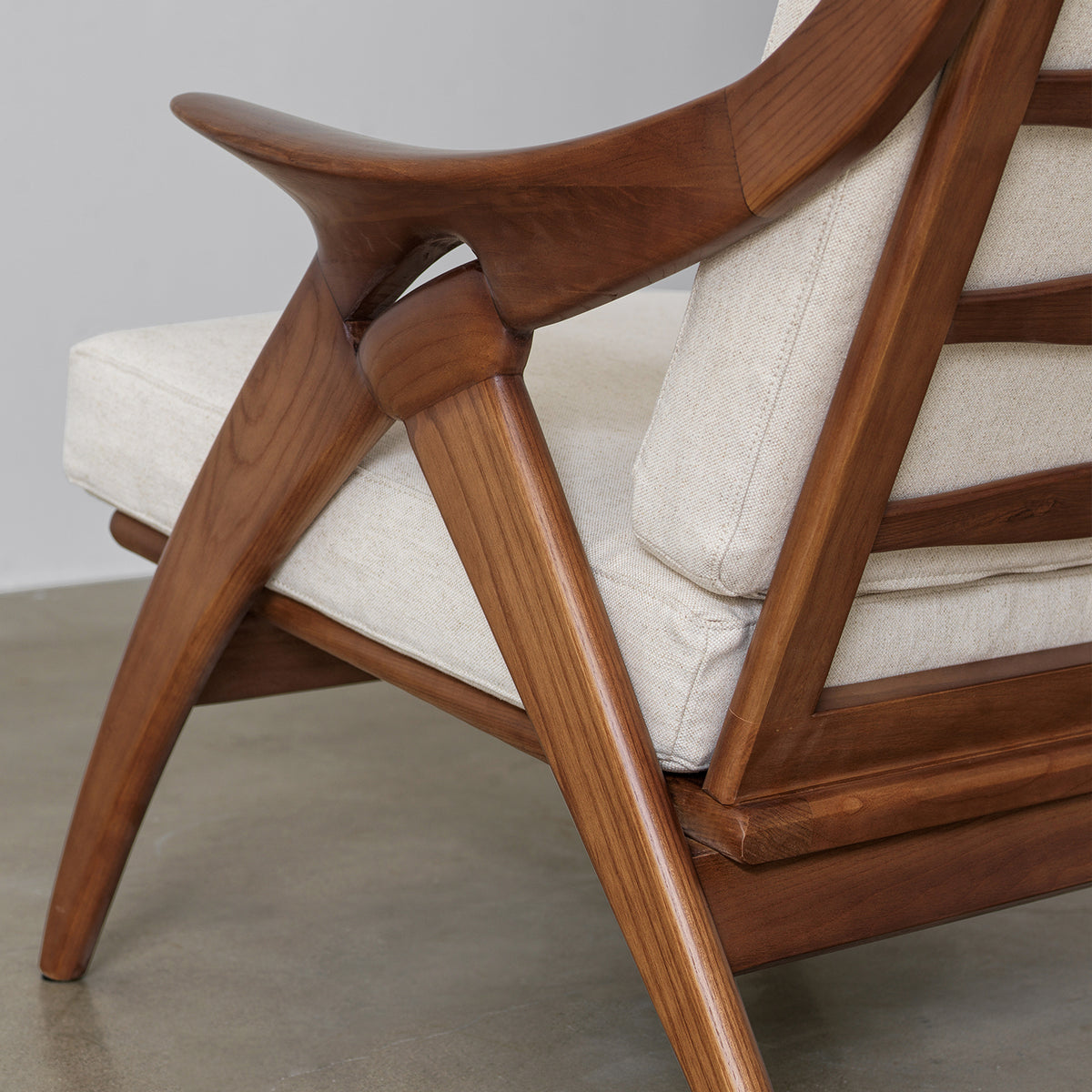 Scissor Lounge Chair with Sculptural Wood-Tone Frame — Cream