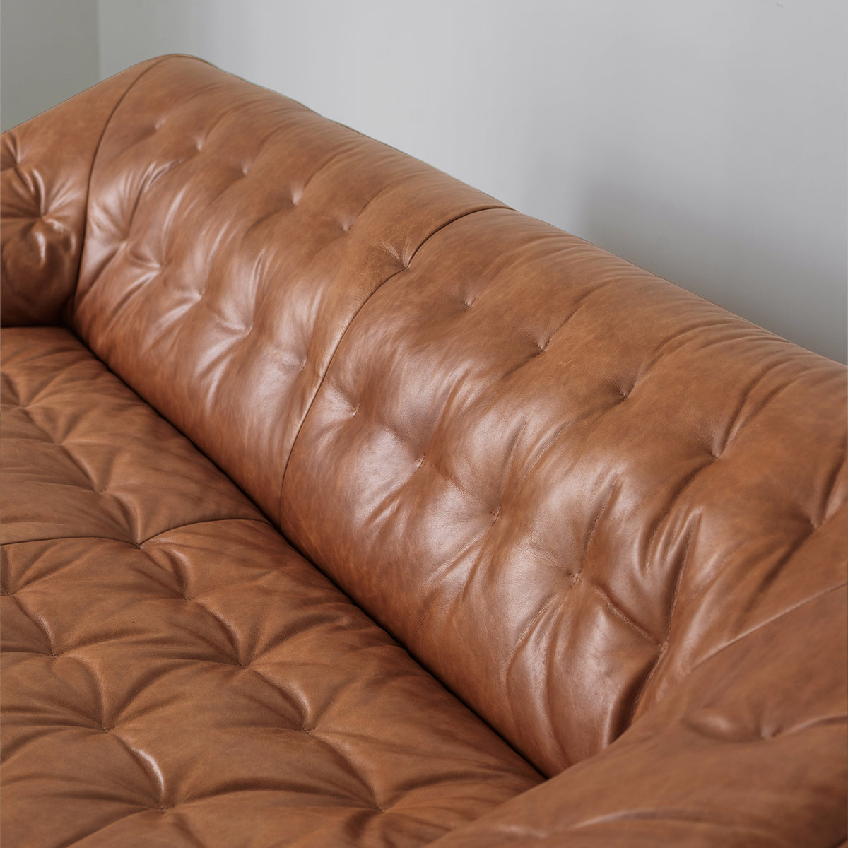 Low-Profile Sofa with Deep-Tufted Back — Cognac Brown