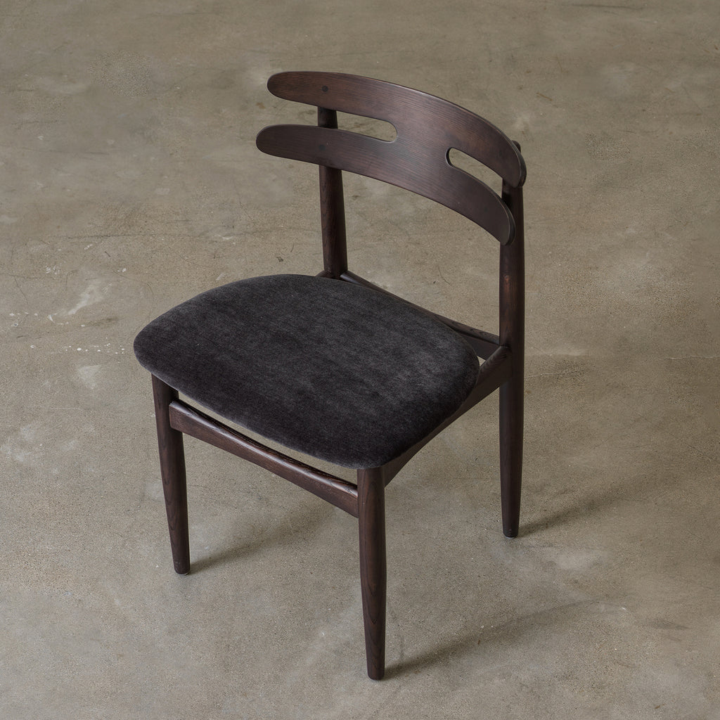 Vintage Ash Wood Dining Chair with Upholstered Fabric Seat and Curved Double-Slat Backrest