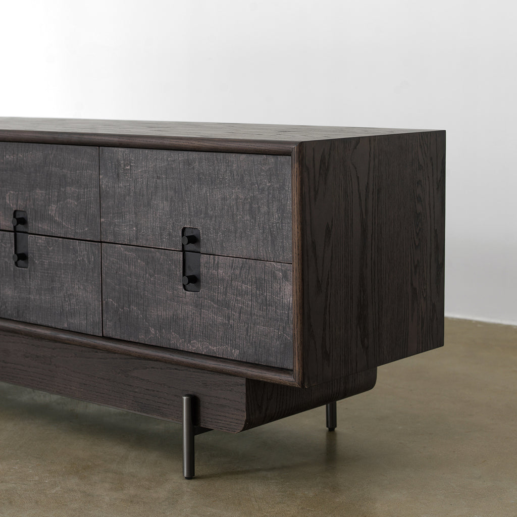 Guixie Low Media Cabinet with Drawer Storage — Dark Wood Tone
