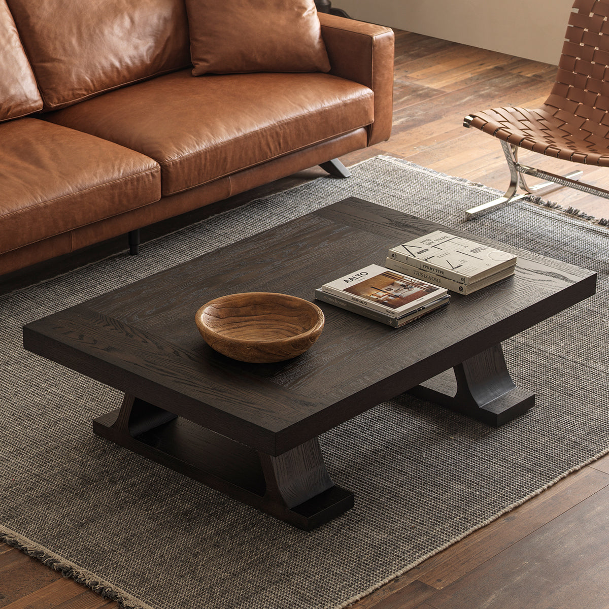 Vintage Dark Wood Coffee Table with Sculptural Trestle Base, 53.1″ × 35.4″