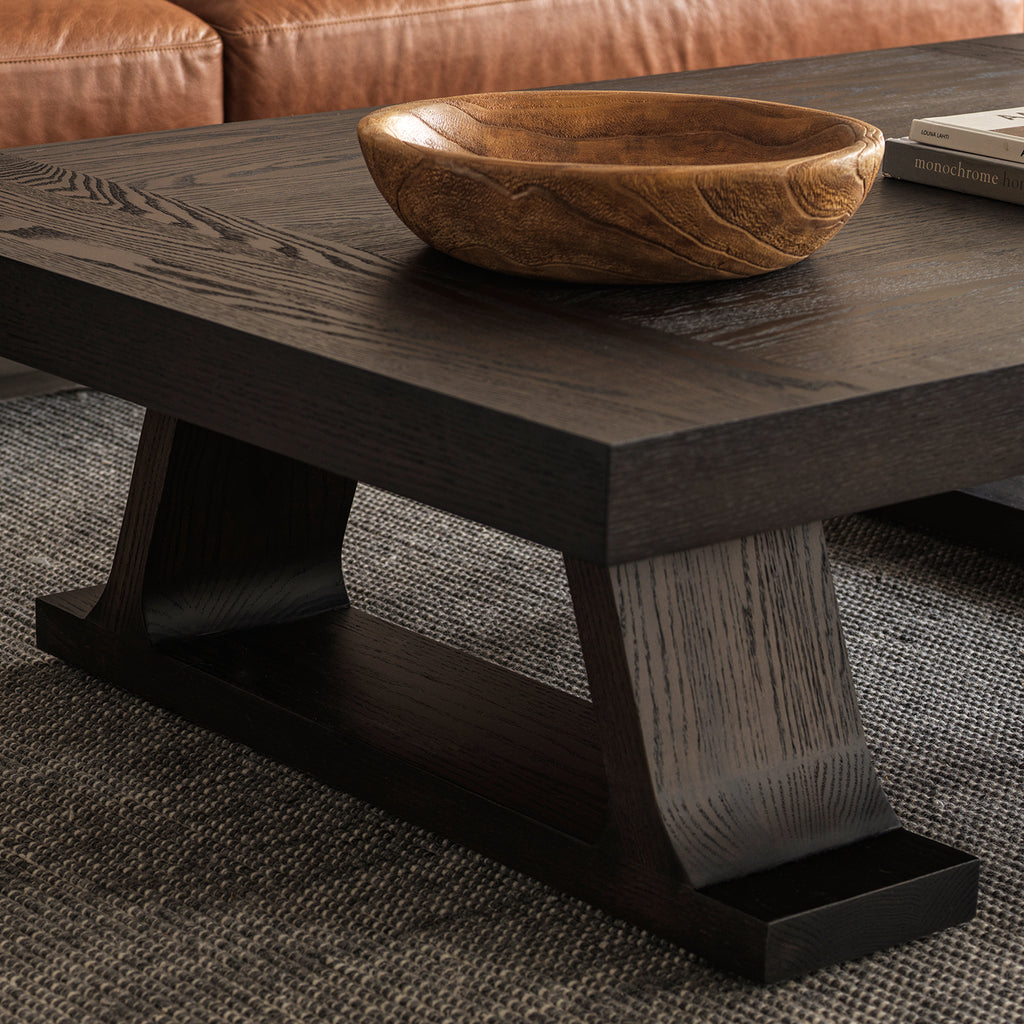 Vintage Dark Wood Coffee Table with Sculptural Trestle Base, 53.1″ × 35.4″