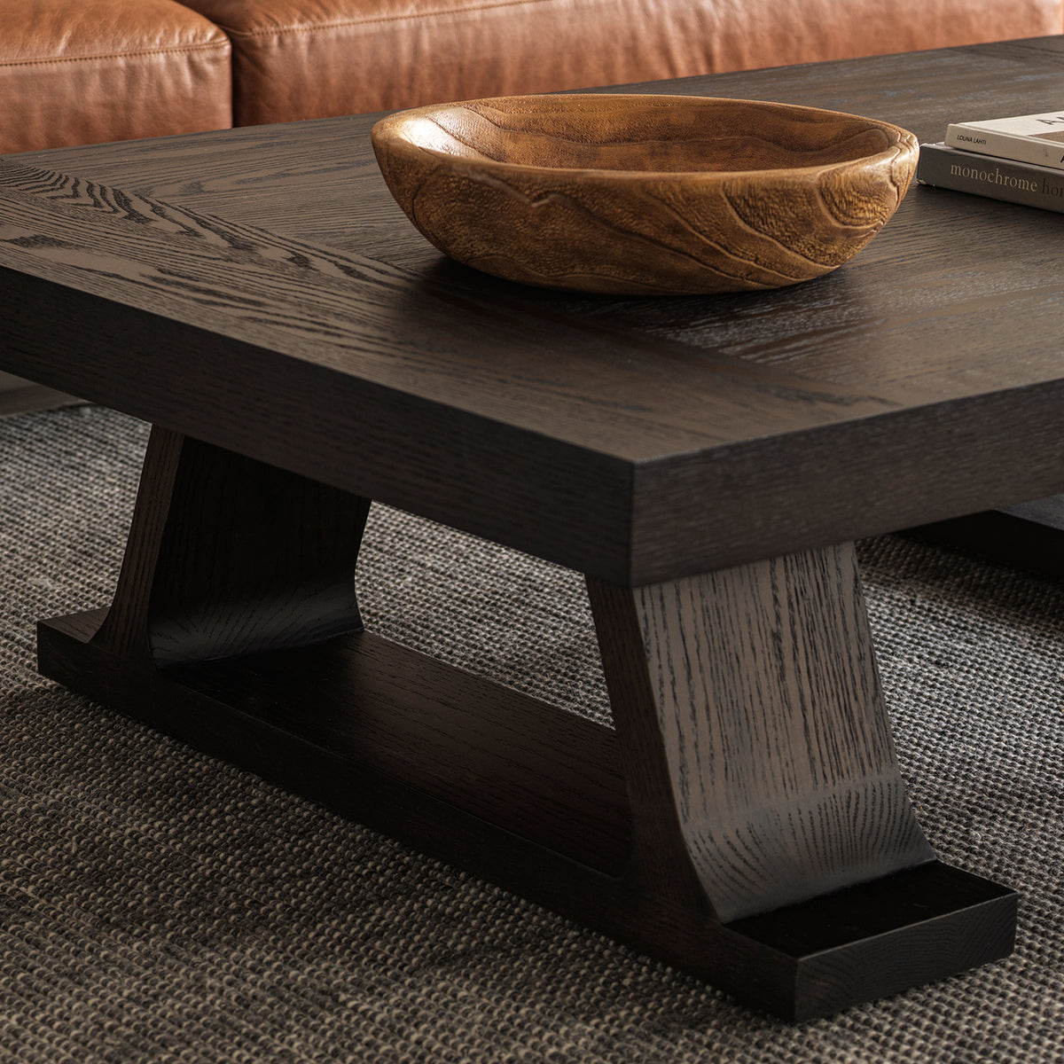 Vintage Dark Wood Coffee Table with Sculptural Trestle Base, 53.1″ × 35.4″